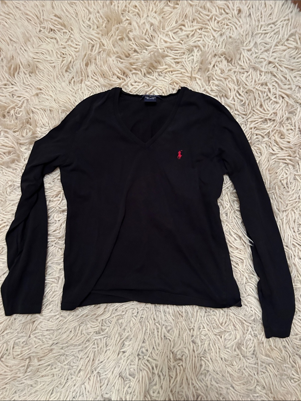 Ralph Lauren Black V-Neck tee with Red Pony Logo